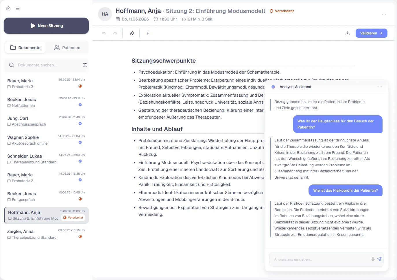 Clara Desktop-App mit Dokumentenliste, Sitzungsnotiz, Validierung und Analyse-Assistent für eine Therapiesitzung.