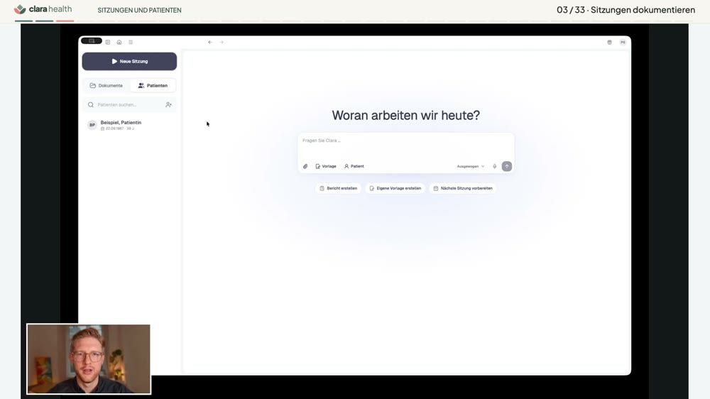 Ausschnitt aus der Clara-Produktdemo: Sitzungen, Gruppen und Patientenprofil