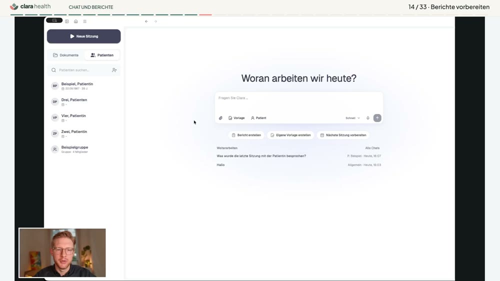 Ausschnitt aus der Clara-Produktdemo: Chat und Berichte