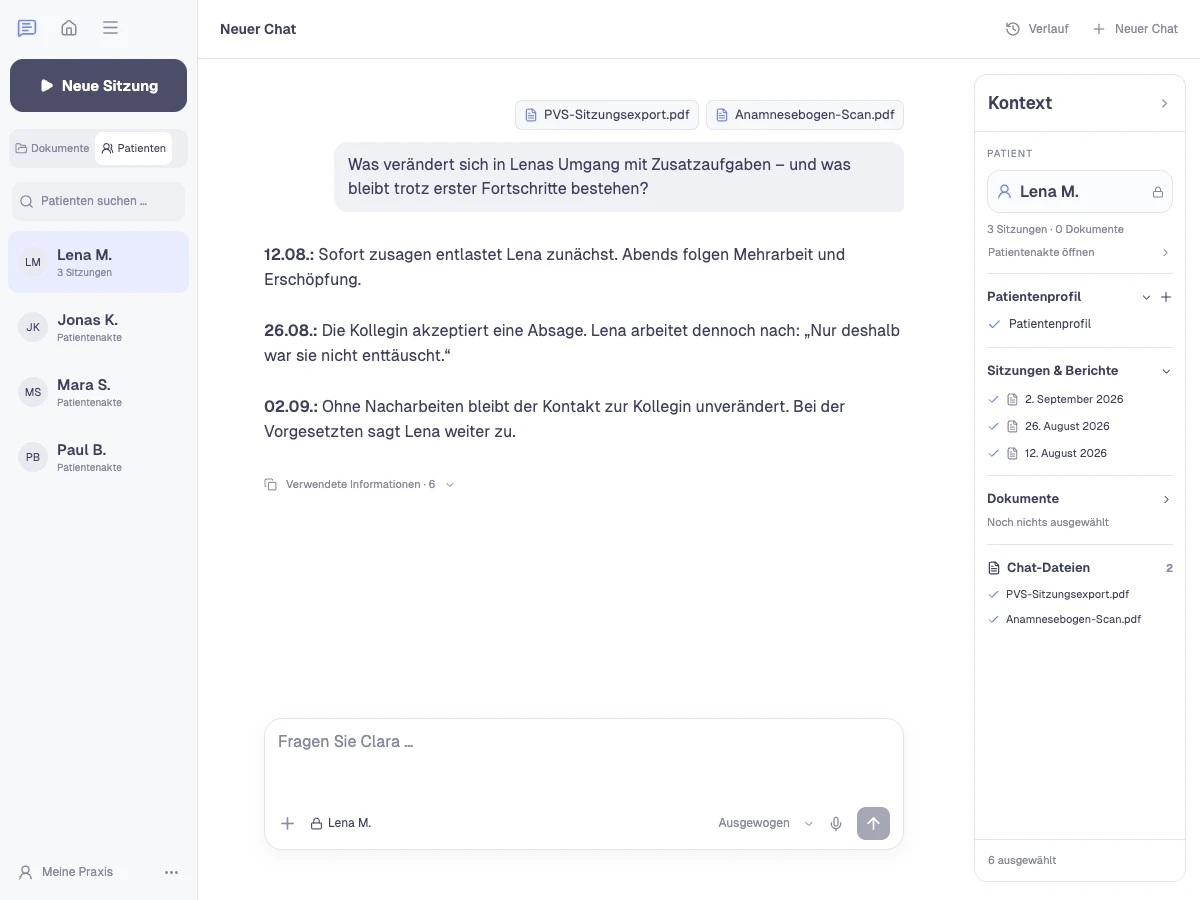 Clara Analyse-Assistent: Verlauf verstehen und nächste Schritte erarbeiten. Patientenliste, Dialog und ausgewählte Unterlagen in der App.