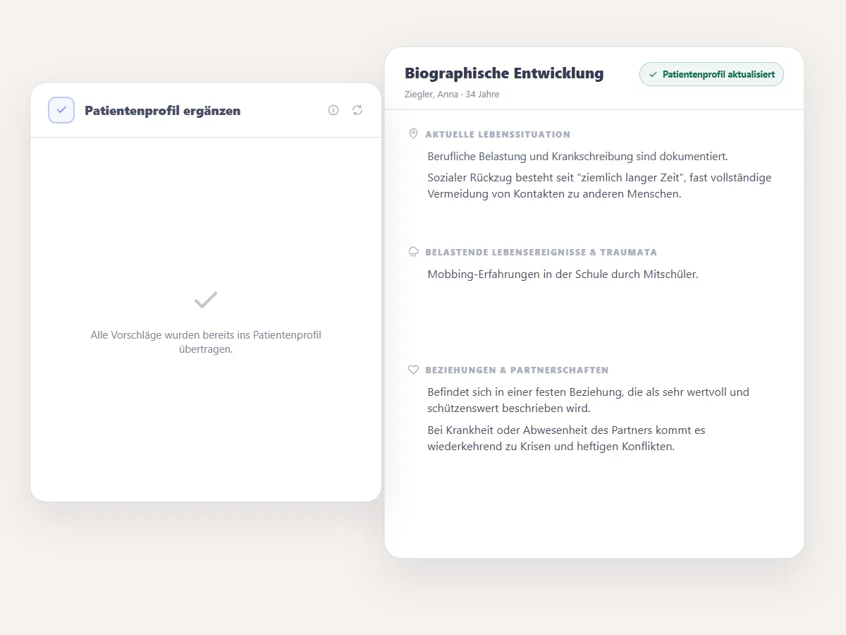 Clara zeigt die geprüfte Übernahme von biografischen Angaben in das Patientenprofil